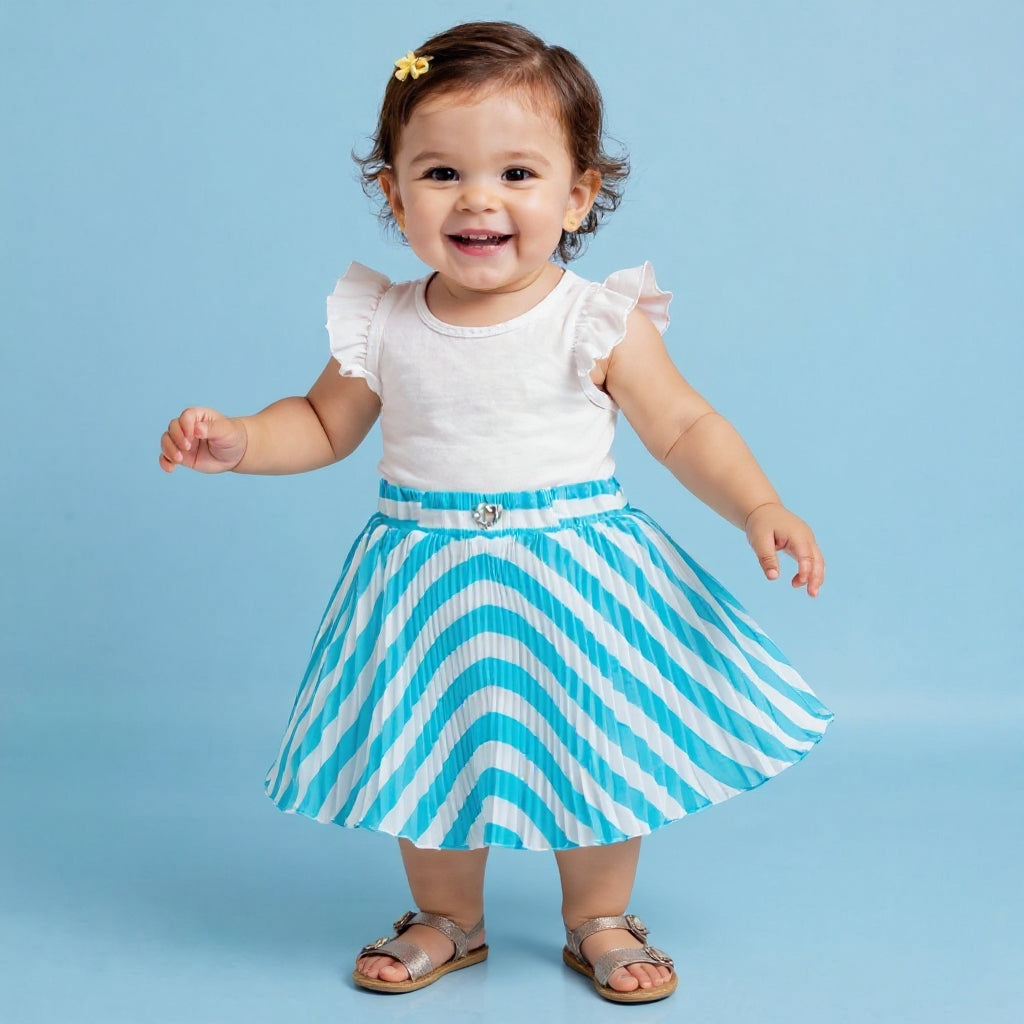 Baby Girls Teal Blue Striped Skirt – Single Piece Only | Elegant Pleated Skirt for 1–4 Years