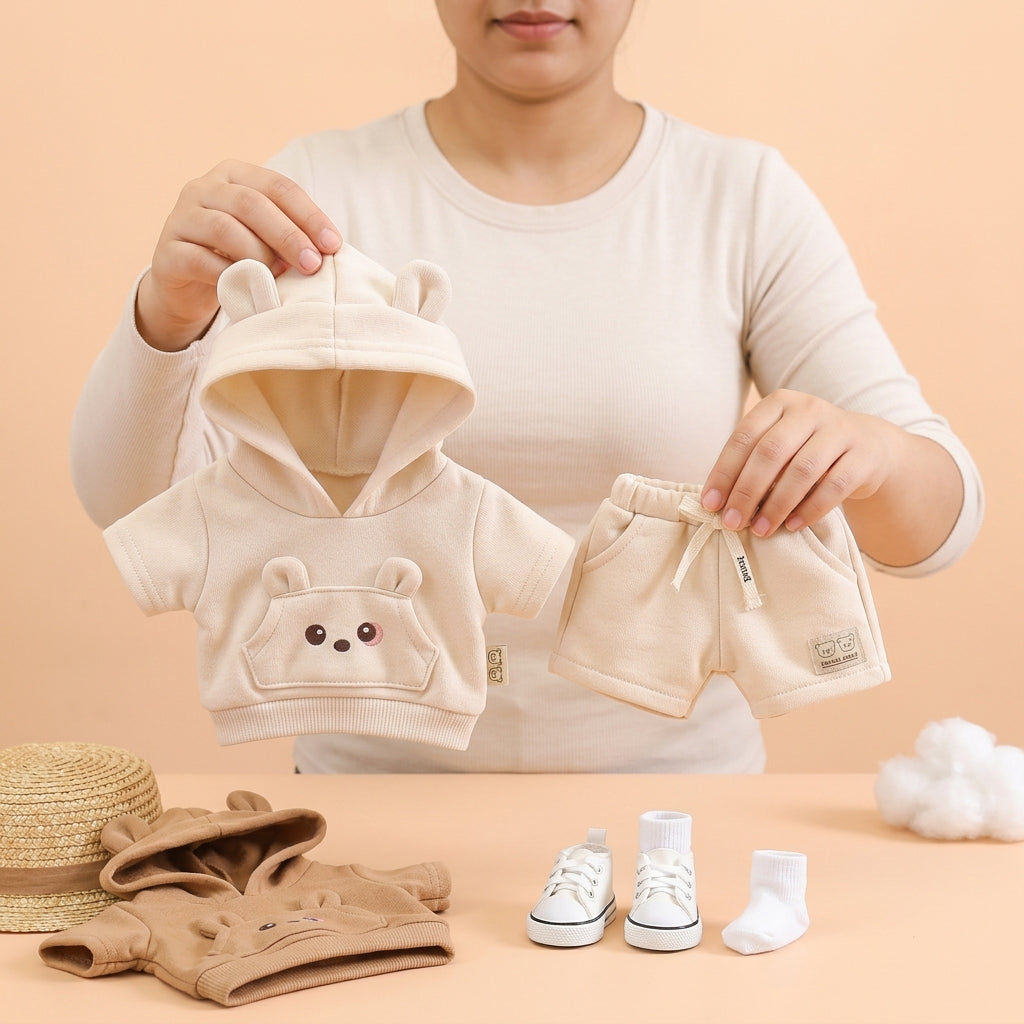 Adorable Bear-Ear Hoodie & Shorts Co-ord Set for Babies – Soft Cotton, Cute Pouch Pocket Design (Cream/Brown)