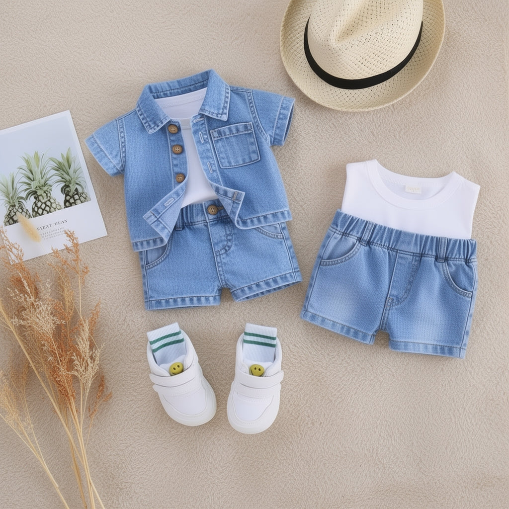 ✨ Cute Baby Denim Outfit Set – Shirt, T-Shirt & Shorts Combo 👶💙