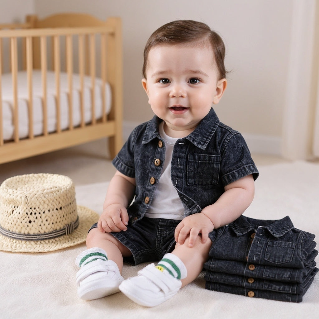 Baby & Kids Denim Co-ord Set | Shirt + T-Shirt + Shorts | Unisex (8M–5Y)