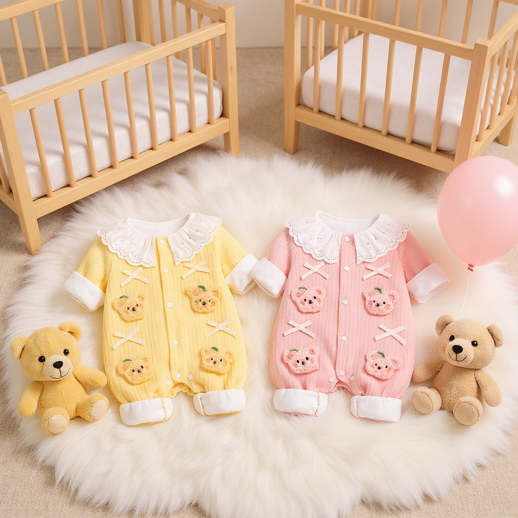 Summer Journey Baby Romper – Pink, Light Yellow & Beige Cute Teddy Cotton Outfit (C