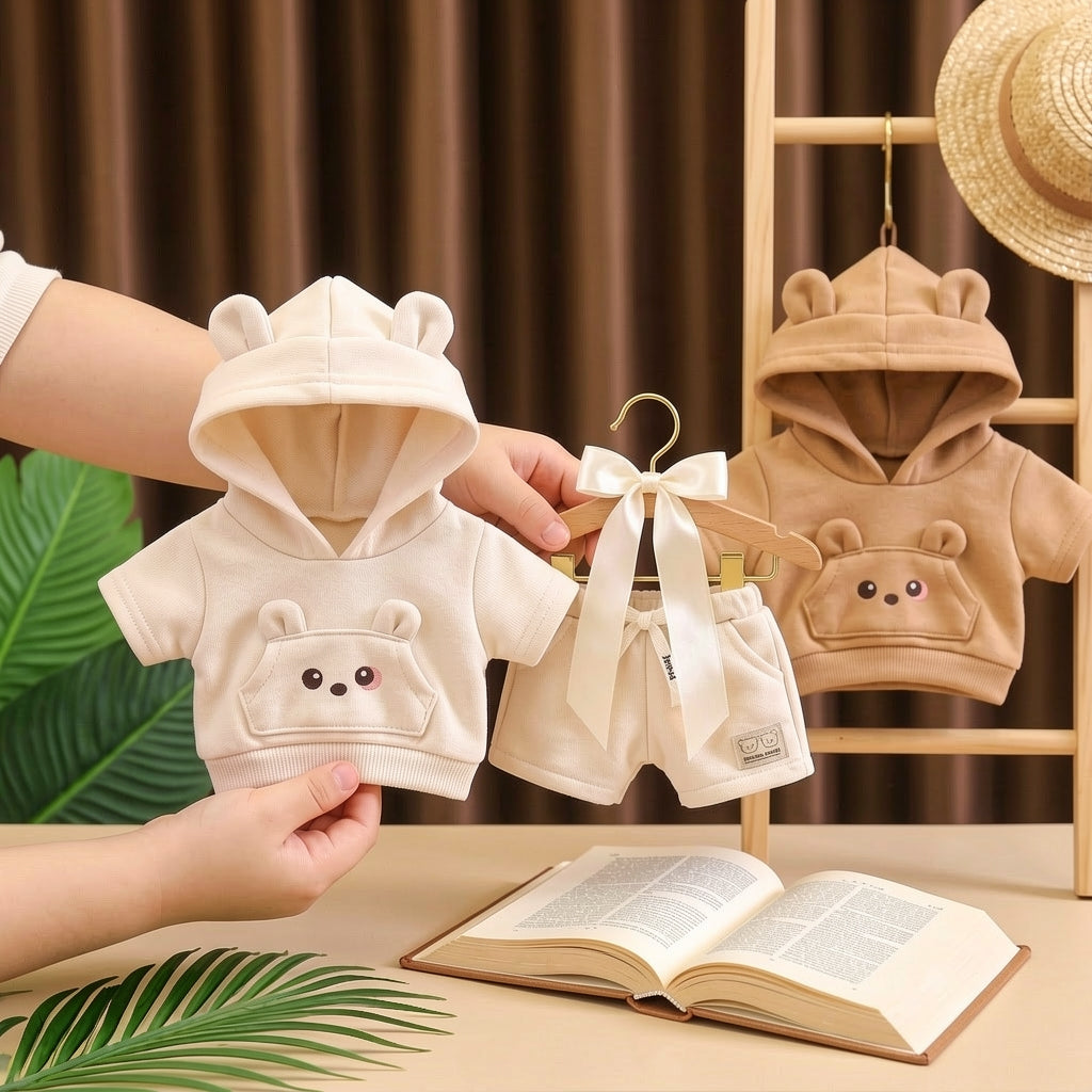 Adorable Bear-Ear Hoodie & Shorts Co-ord Set for Babies – Soft Cotton, Cute Pouch Pocket Design (Cream/Brown)