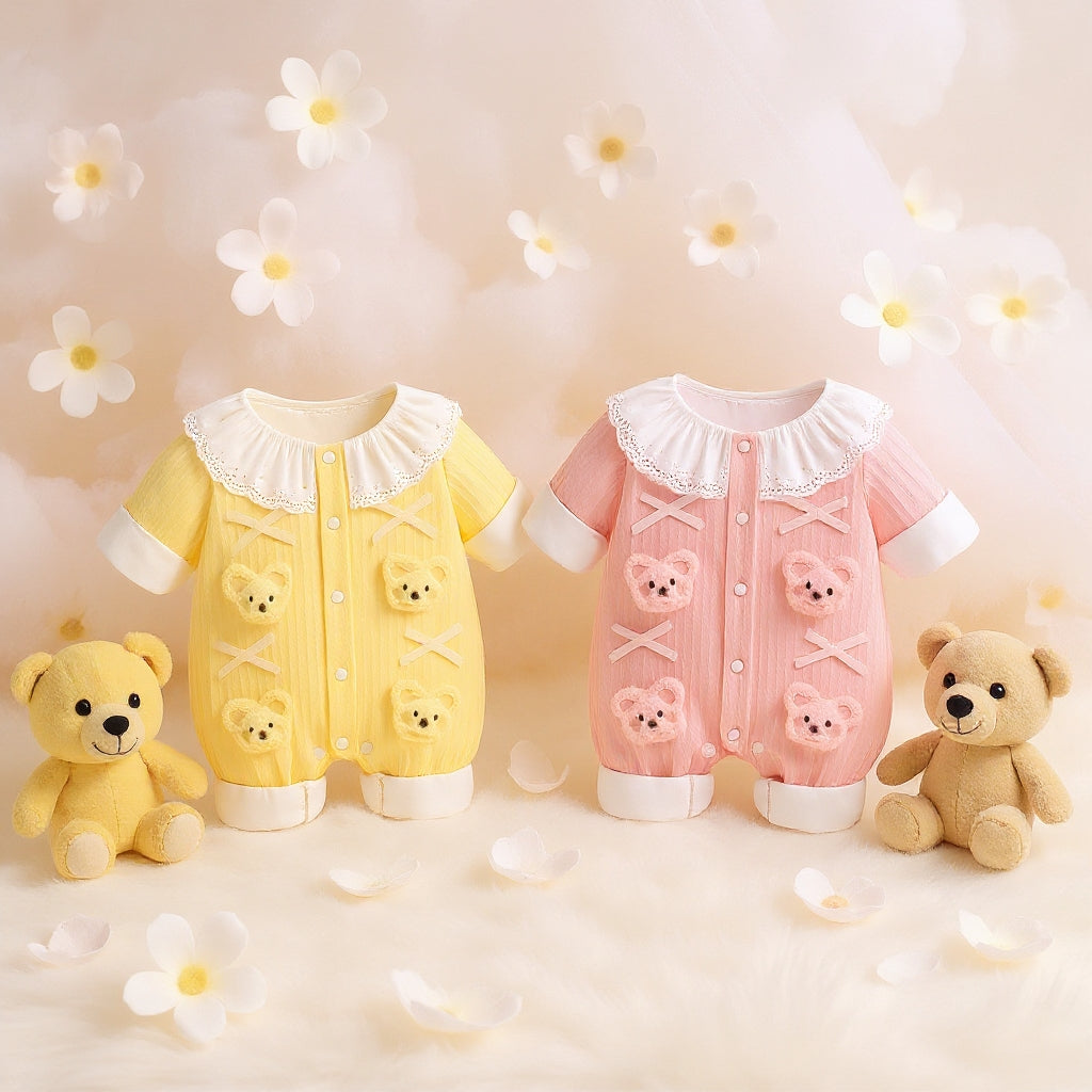 Summer Journey Baby Romper – Pink, Light Yellow & Beige Cute Teddy Cotton Outfit (C