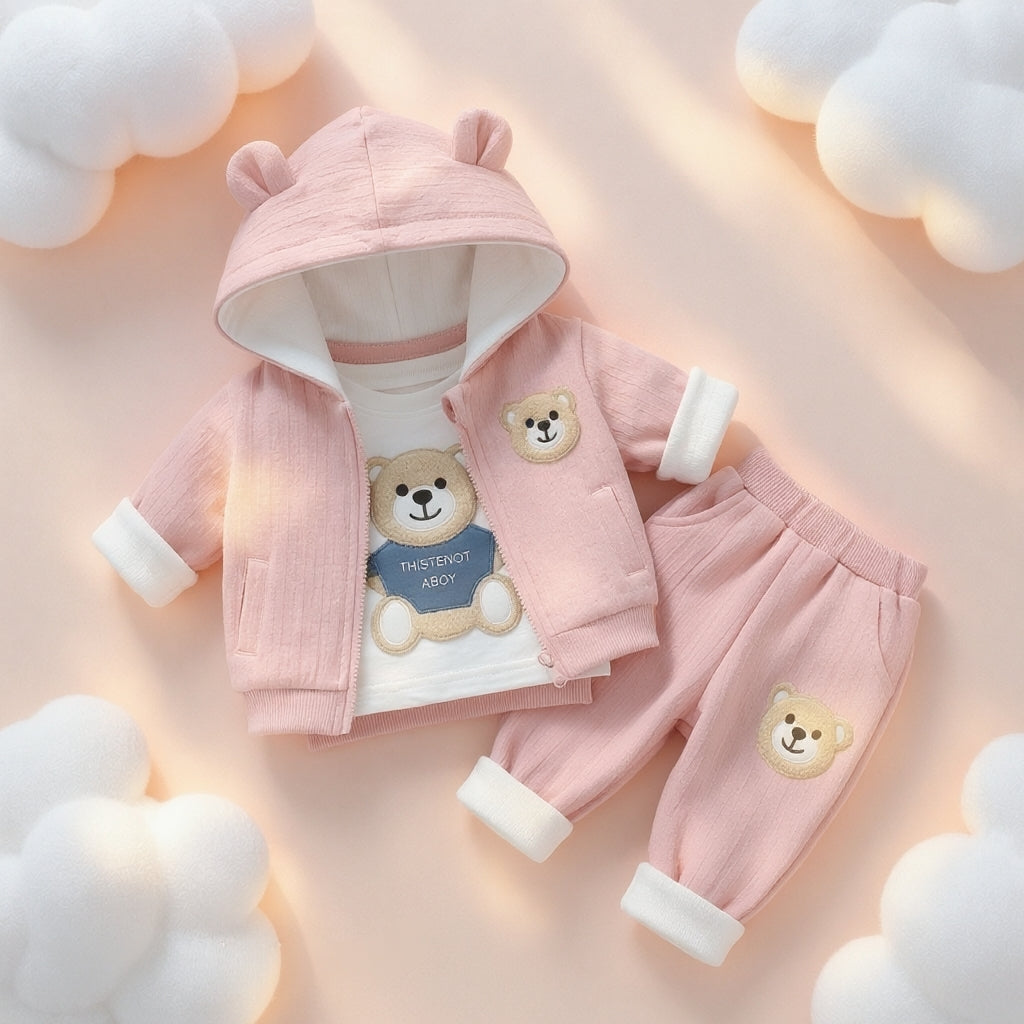 🧸 Cute Bear Hoodie 3-Piece Baby Clothing Set | Soft Cotton Blend Jacket, T-Shirt & Jogger Pant | Premium Kids Outfit | Unisex | All Season Wear (0-5 Years)