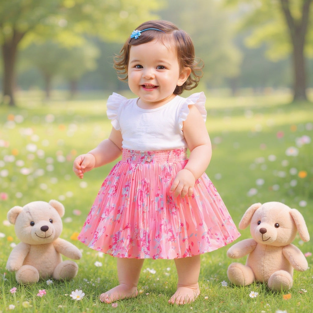 Baby Girls Pink Floral Pleated Skirt | Soft Elastic Waist | Cute Stylish Single Piece Skirt