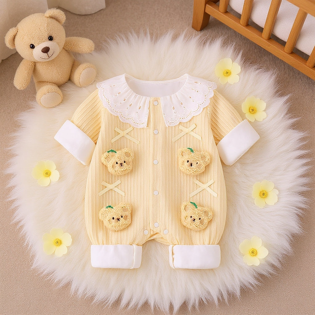 Summer Journey Baby Romper – Pink, Light Yellow & Beige Cute Teddy Cotton Outfit (C