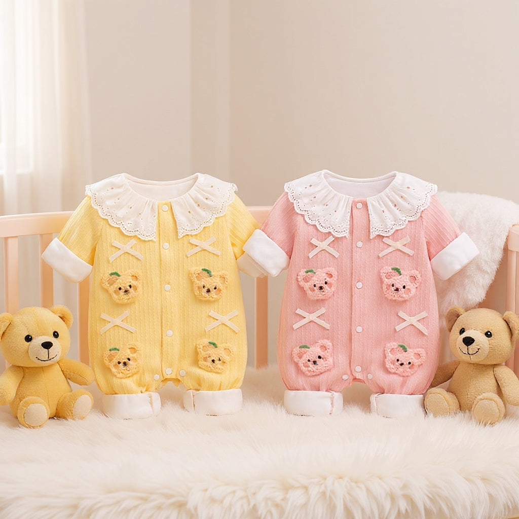 Summer Journey Baby Romper – Pink, Light Yellow & Beige Cute Teddy Cotton Outfit (C