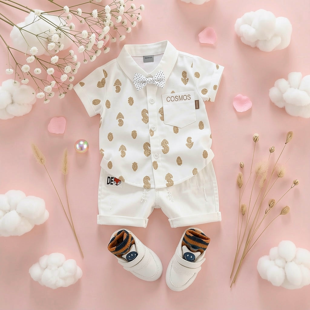 Baby Boys Formal Summer Outfit Set with Bow Tie & Shorts – Available in White, Black & Sky Blue