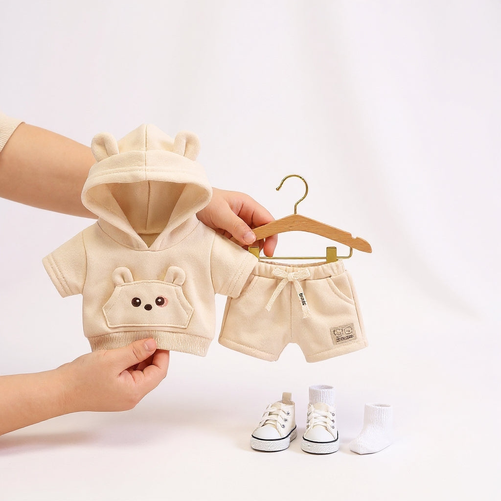 Adorable Bear-Ear Hoodie & Shorts Co-ord Set for Babies – Soft Cotton, Cute Pouch Pocket Design (Cream/Brown)
