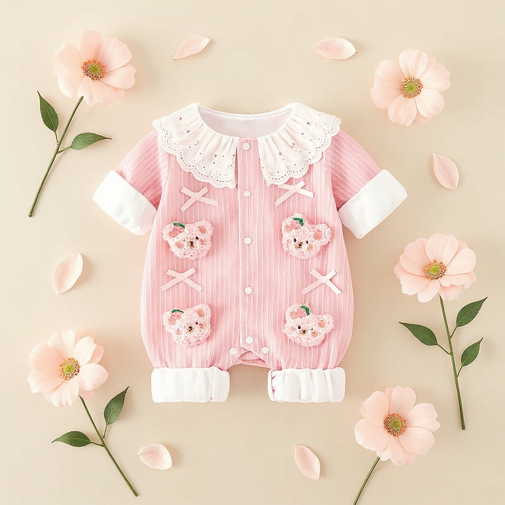 Summer Journey Baby Romper – Pink, Light Yellow & Beige Cute Teddy Cotton Outfit (C