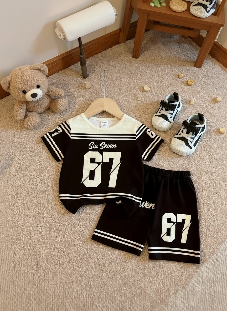 Cute Six Seven 67 Kids Summer Co-Ord Set | Soft Cotton T-Shirt & Shorts Outfit for Boys & Girls
