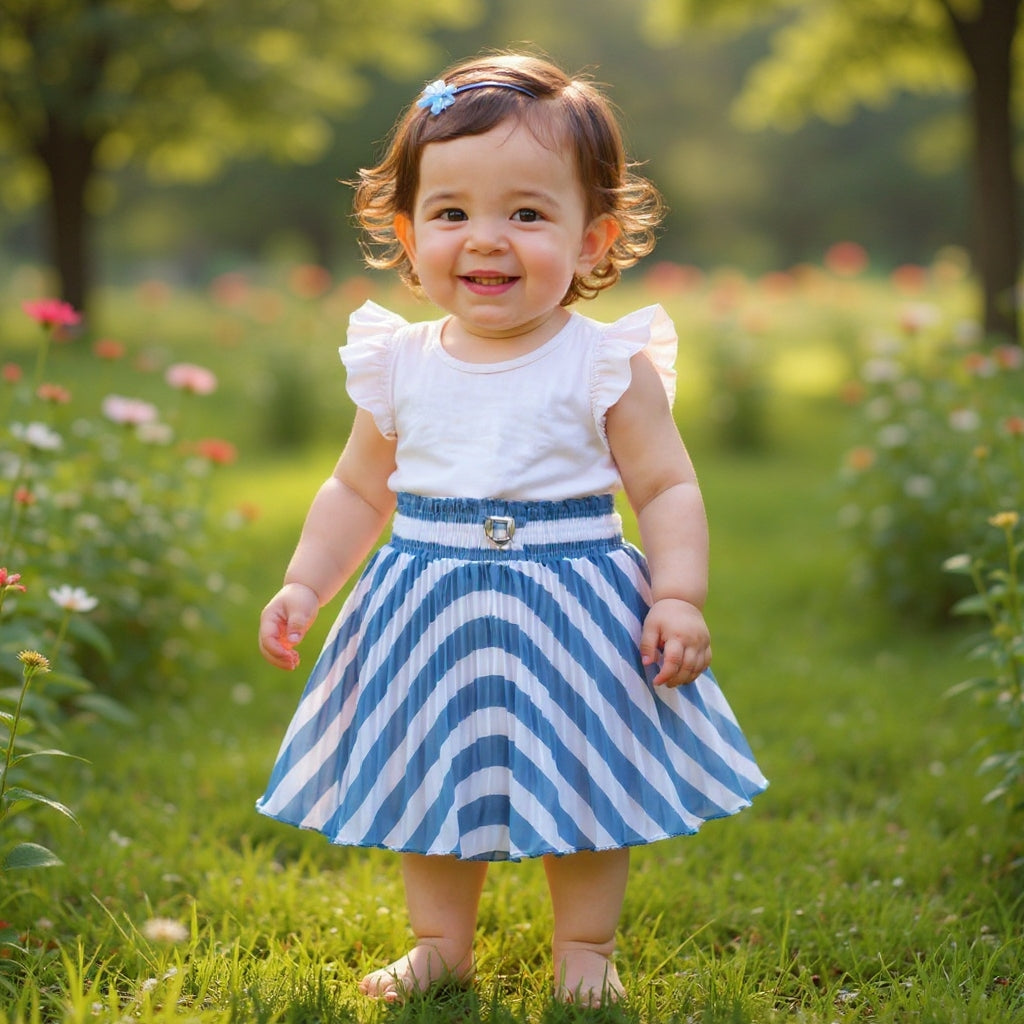 Baby Girls Blue & White Striped Pleated Skirt | Soft Elastic Waist | Stylish Single Piece Skirt