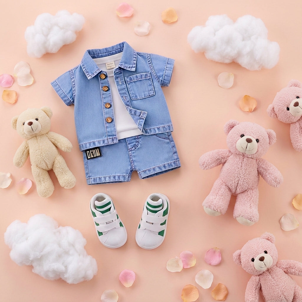 ✨ Cute Baby Denim Outfit Set – Shirt, T-Shirt & Shorts Combo 👶💙