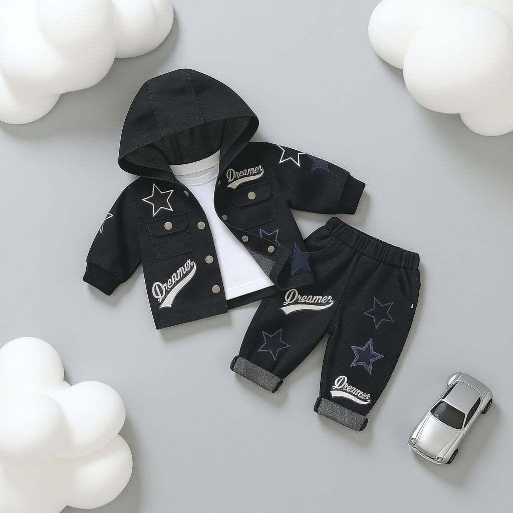 Dreamer Star Denim Jacket & Pants Set for Baby Boys 🌟 Premium 3-Piece Co-ord Set | 4 Colors Available