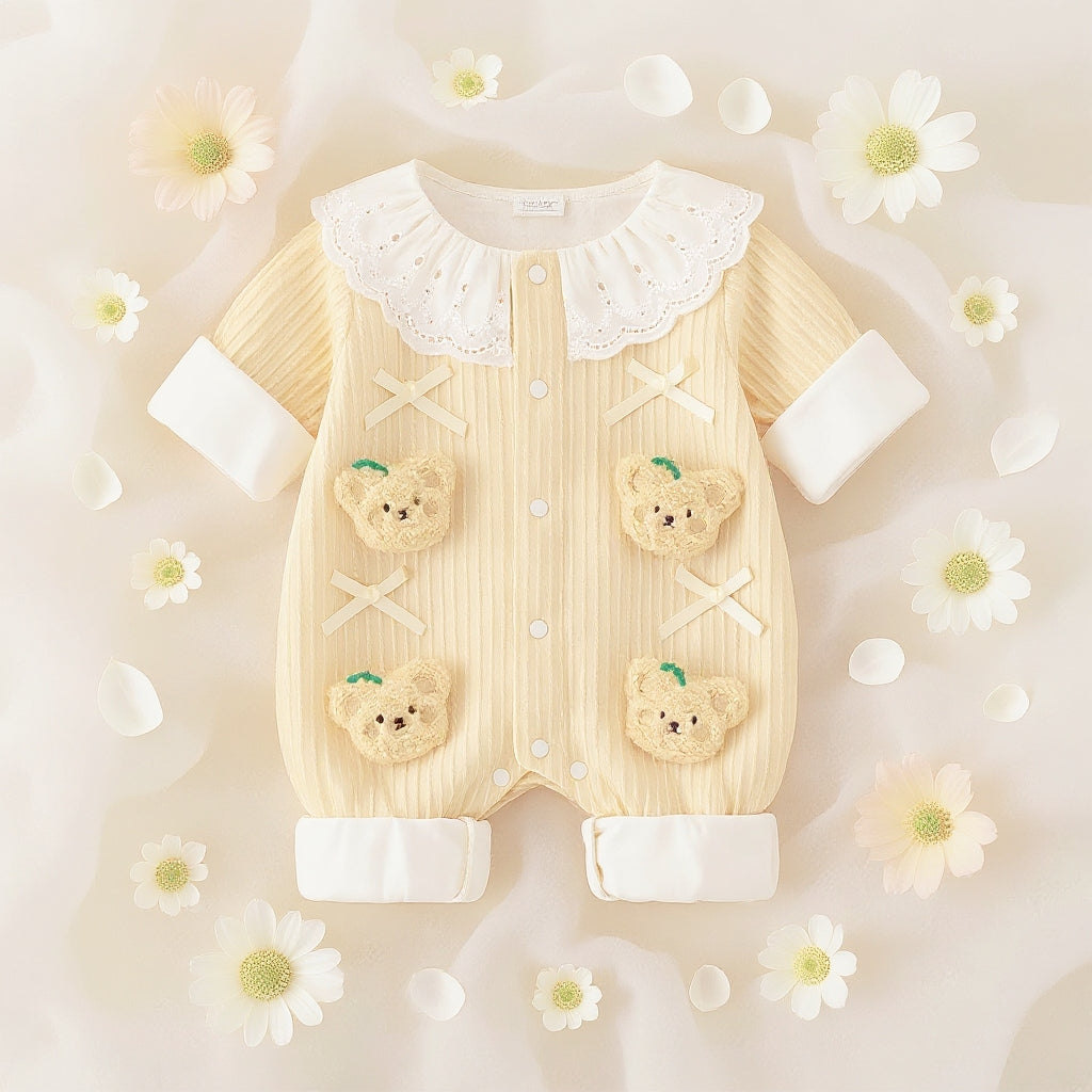 Summer Journey Baby Romper – Pink, Light Yellow & Beige Cute Teddy Cotton Outfit (C
