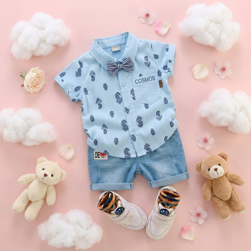 Baby Boys Formal Summer Outfit Set with Bow Tie & Shorts – Available in White, Black & Sky Blue