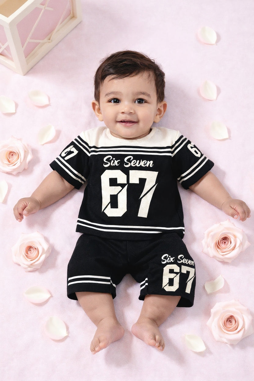 Cute Six Seven 67 Kids Summer Co-Ord Set | Soft Cotton T-Shirt & Shorts Outfit for Boys & Girls