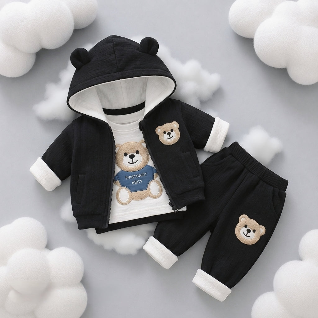 🧸 Cute Bear Hoodie 3-Piece Baby Clothing Set | Soft Cotton Blend Jacket, T-Shirt & Jogger Pant | Premium Kids Outfit | Unisex | All Season Wear (0-5 Years)