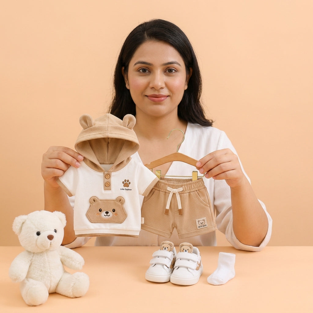 🐻 Baby Bear Hoodie Co-ord Set – Cute 3D Ear Hoodie T-Shirt & Shorts | Little Explorer Print | Available in Sage Green & Beige Brown