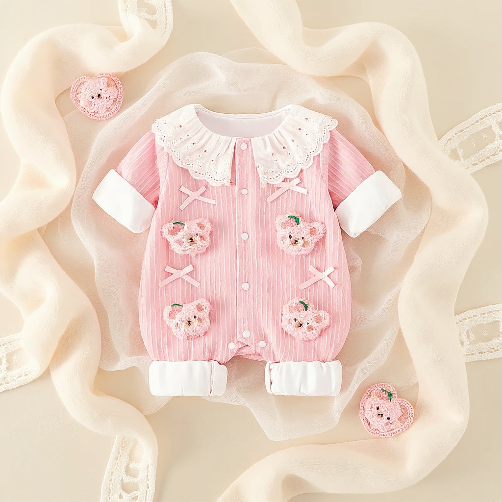 Summer Journey Baby Romper – Pink, Light Yellow & Beige Cute Teddy Cotton Outfit (C