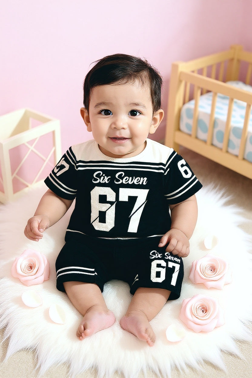 Cute Six Seven 67 Kids Summer Co-Ord Set | Soft Cotton T-Shirt & Shorts Outfit for Boys & Girls