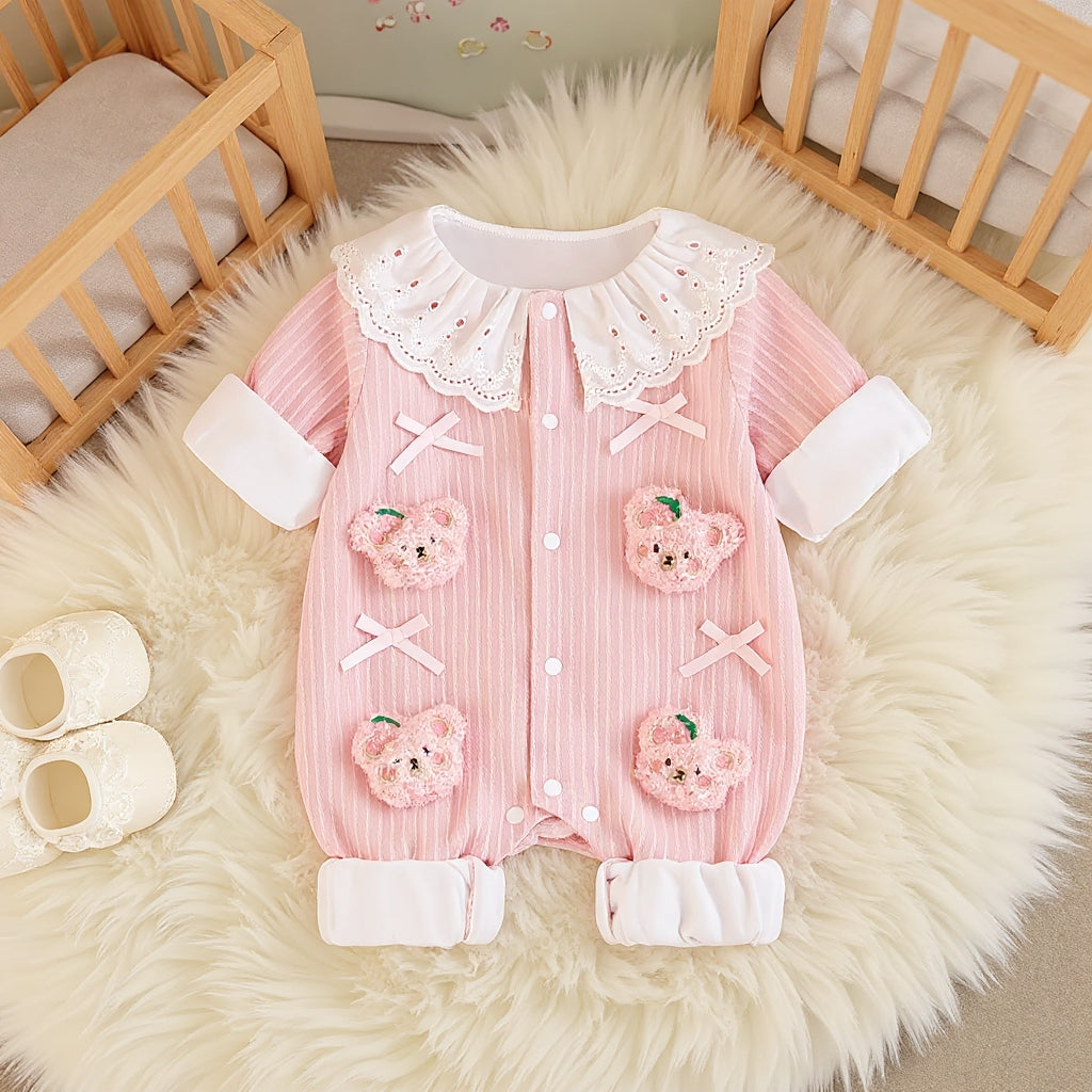Summer Journey Baby Romper – Pink, Light Yellow & Beige Cute Teddy Cotton Outfit (C