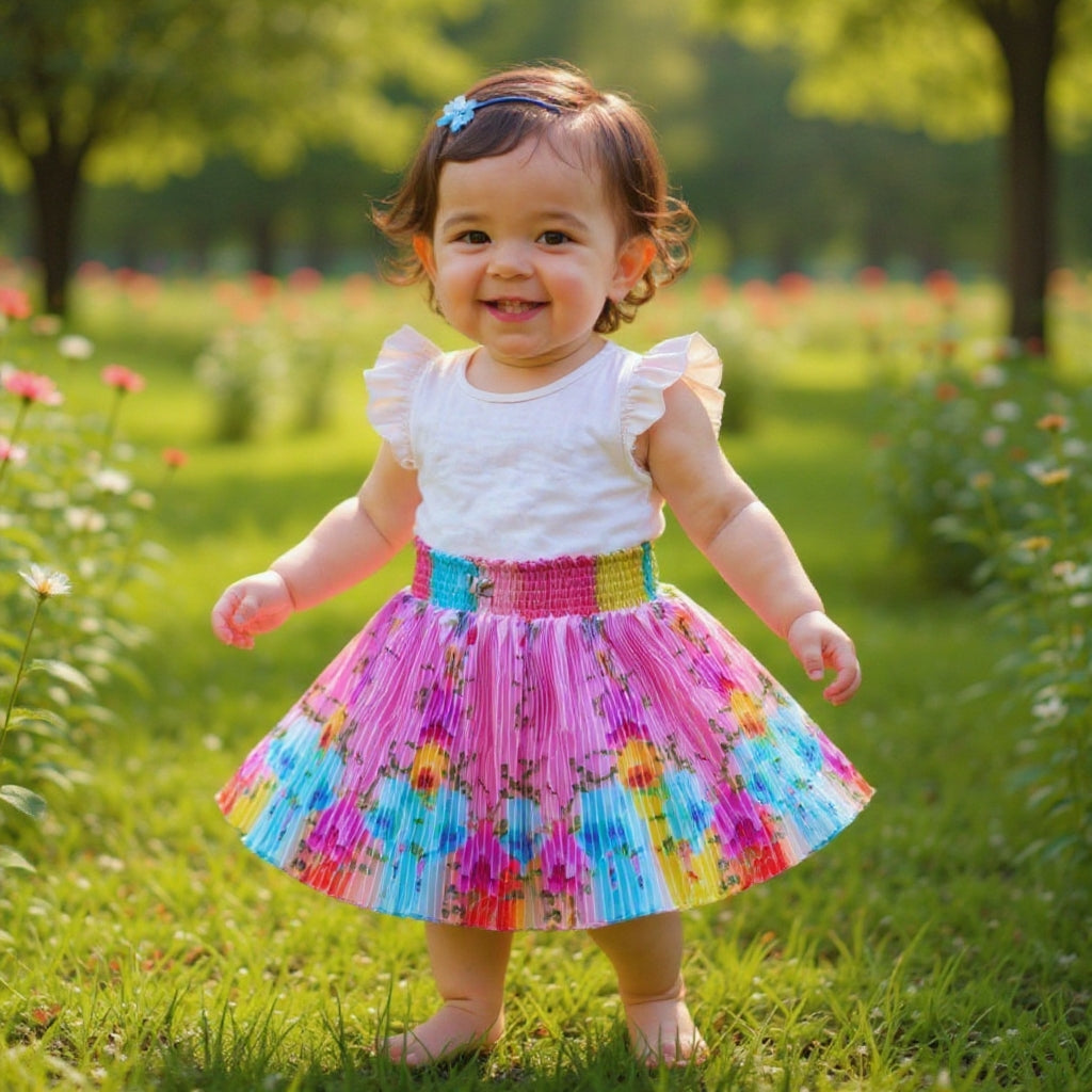Baby Girls Single Piece Floral Pleated Satin Skirt with Elastic Waist & Inner Lining (Astar) – 100% Quality Guaranteed