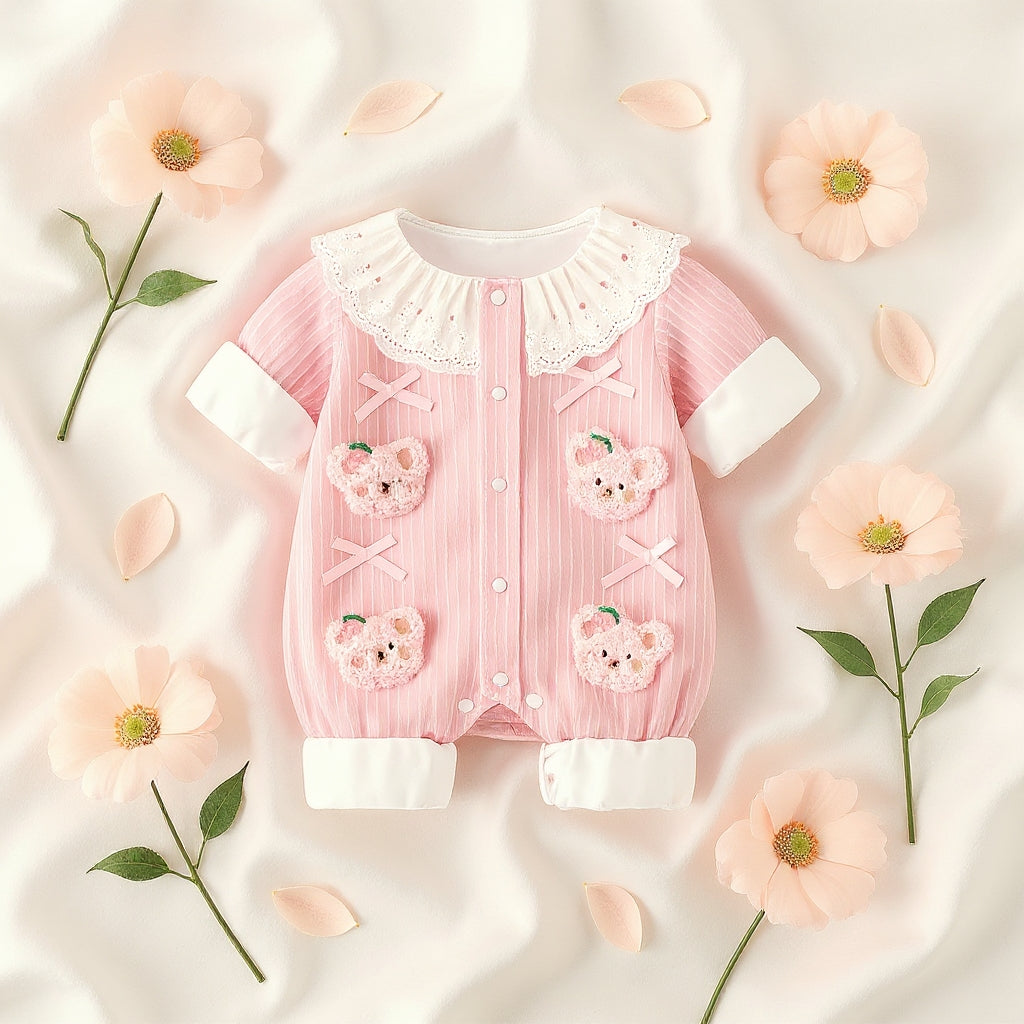 Summer Journey Baby Romper – Pink, Light Yellow & Beige Cute Teddy Cotton Outfit (C