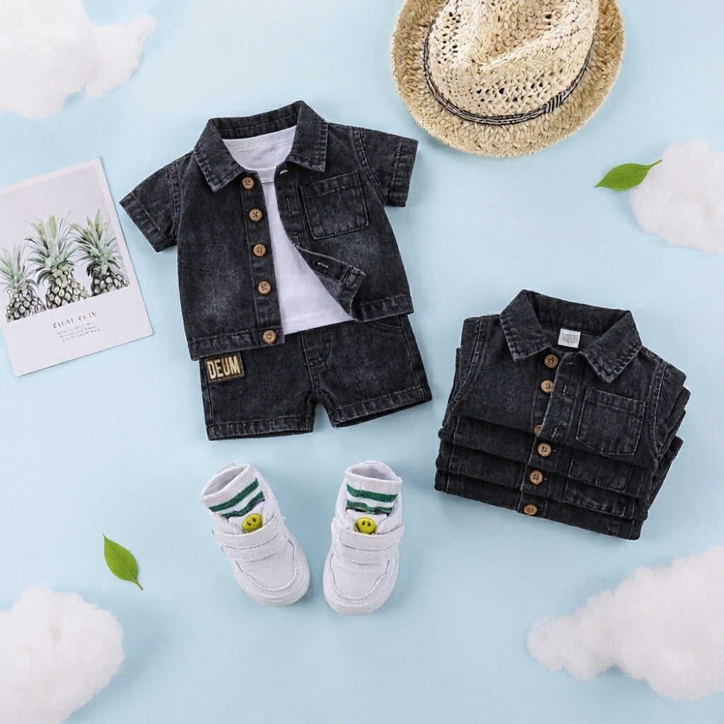 Baby & Kids Denim Co-ord Set | Shirt + T-Shirt + Shorts | Unisex (8M–5Y)