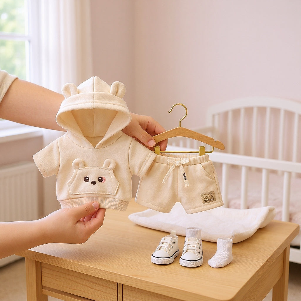 Adorable Bear-Ear Hoodie & Shorts Co-ord Set for Babies – Soft Cotton, Cute Pouch Pocket Design (Cream/Brown)