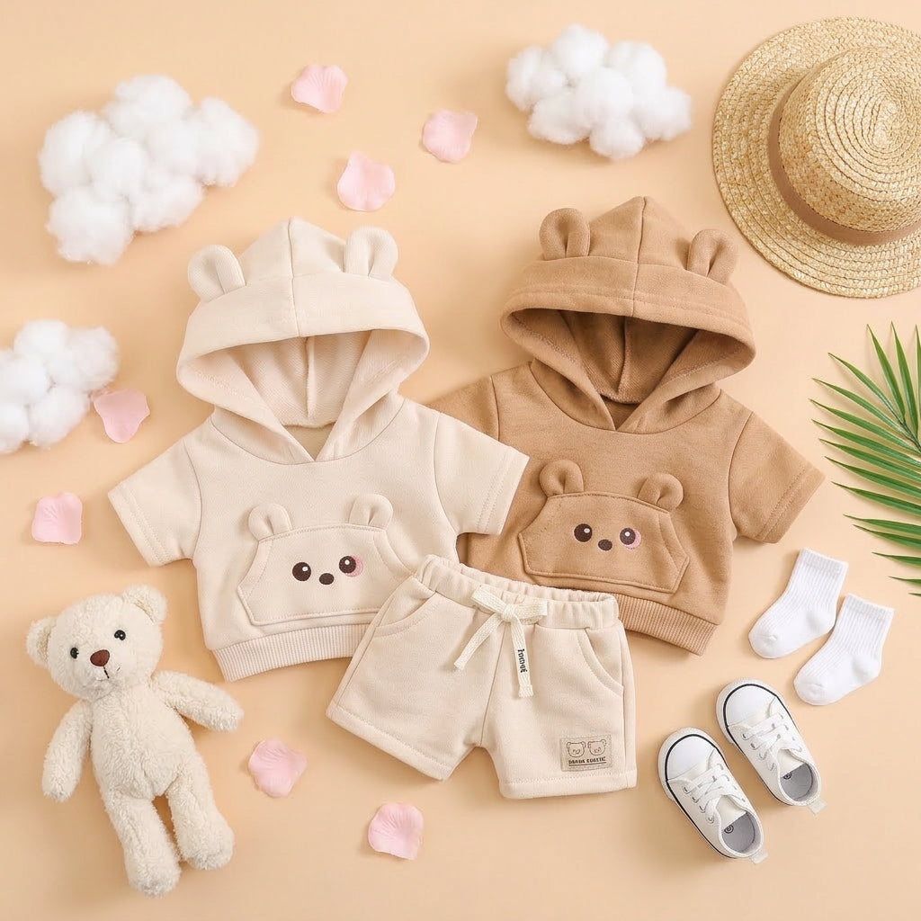 Adorable Bear-Ear Hoodie & Shorts Co-ord Set for Babies – Soft Cotton, Cute Pouch Pocket Design (Cream/Brown)