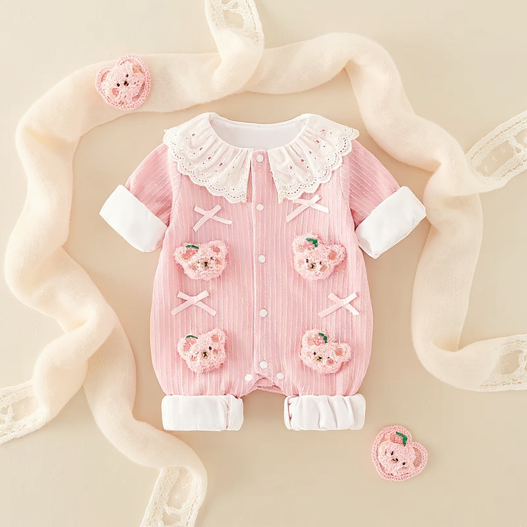 Summer Journey Baby Romper – Pink, Light Yellow & Beige Cute Teddy Cotton Outfit (C