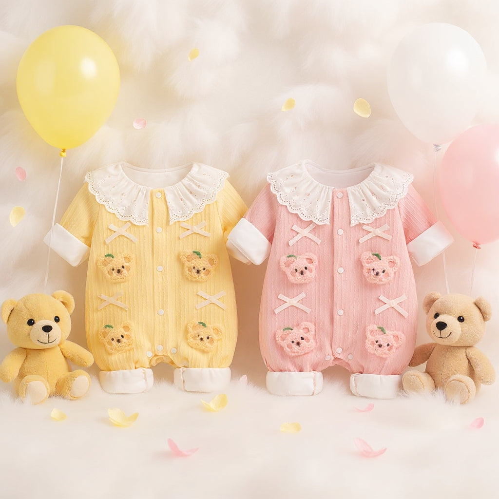 Summer Journey Baby Romper – Pink, Light Yellow & Beige Cute Teddy Cotton Outfit (C