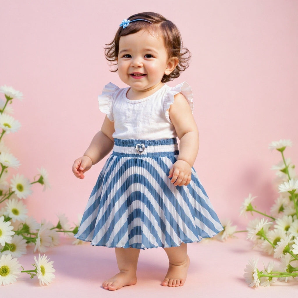 Baby Girls Blue & White Striped Pleated Skirt | Soft Elastic Waist | Stylish Single Piece Skirt