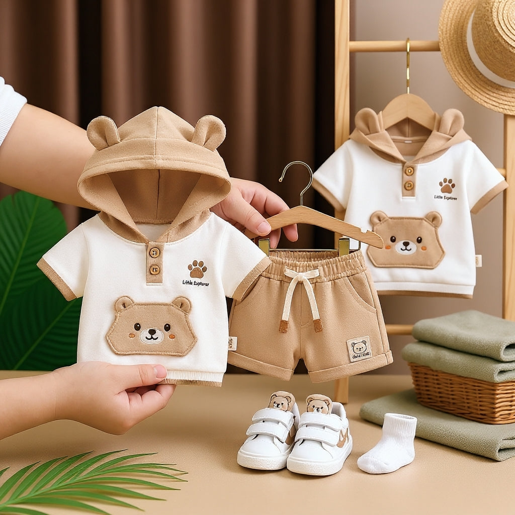 🐻 Baby Bear Hoodie Co-ord Set – Cute 3D Ear Hoodie T-Shirt & Shorts | Little Explorer Print | Available in Sage Green & Beige Brown
