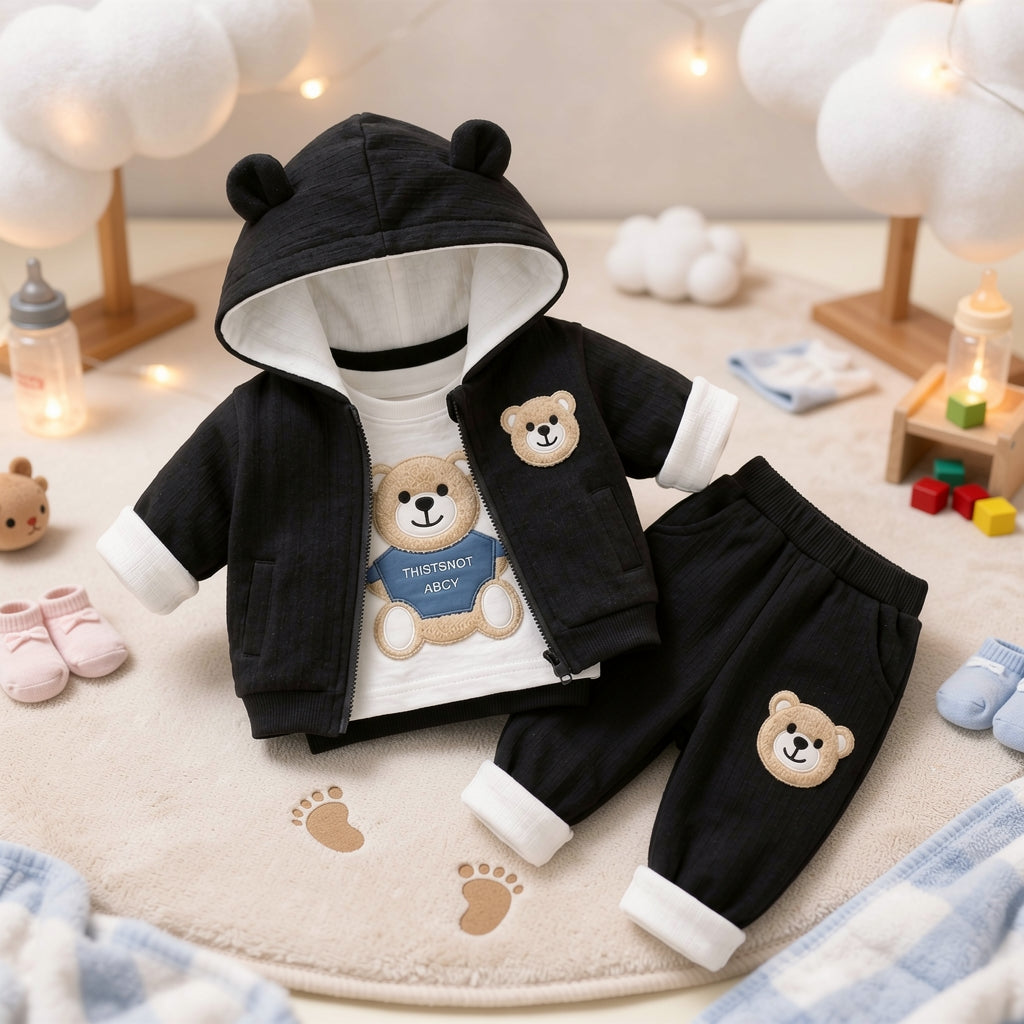 🧸 Cute Bear Hoodie 3-Piece Baby Clothing Set | Soft Cotton Blend Jacket, T-Shirt & Jogger Pant | Premium Kids Outfit | Unisex | All Season Wear (0-5 Years)