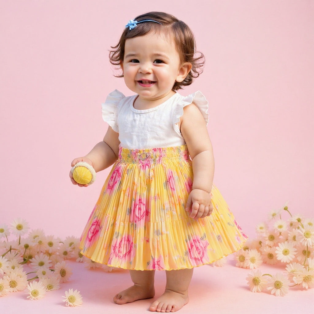 Baby Girls Yellow Floral Pleated Skirt | Soft Elastic Waist | Cute & Stylish Single Piece Skirt