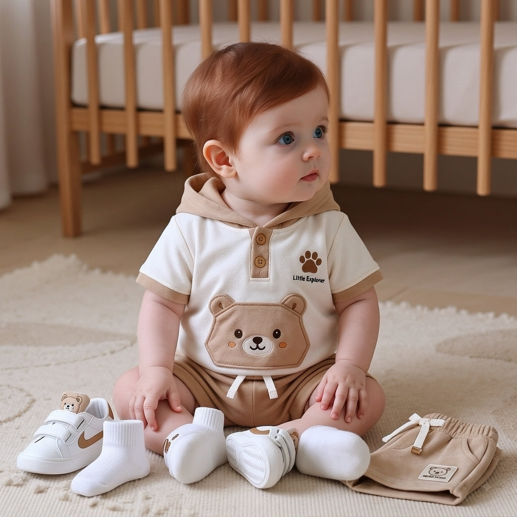 🐻 Baby Bear Hoodie Co-ord Set – Cute 3D Ear Hoodie T-Shirt & Shorts | Little Explorer Print | Available in Sage Green & Beige Brown