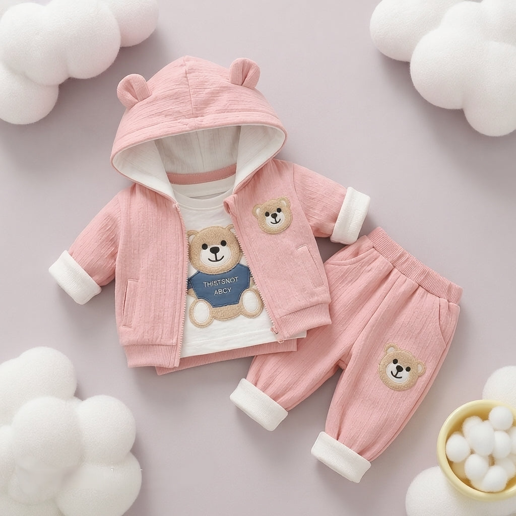 🧸 Cute Bear Hoodie 3-Piece Baby Clothing Set | Soft Cotton Blend Jacket, T-Shirt & Jogger Pant | Premium Kids Outfit | Unisex | All Season Wear (0-5 Years)