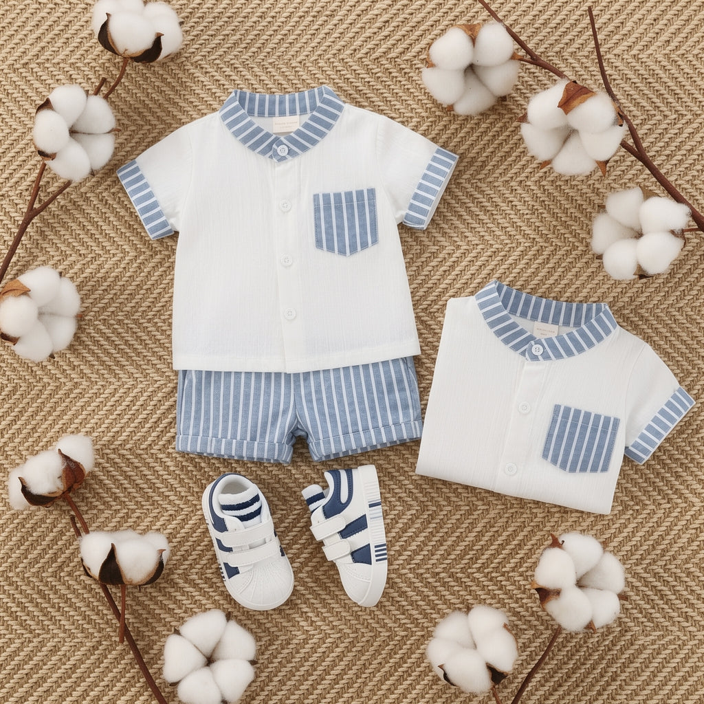 Baby Boys White & Sky Blue Striped Summer Co-Ord Set