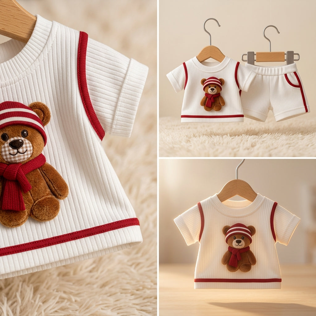 Cute Teddy Bear White & Red Ribbed Co-ord Set for Babies 🧸
