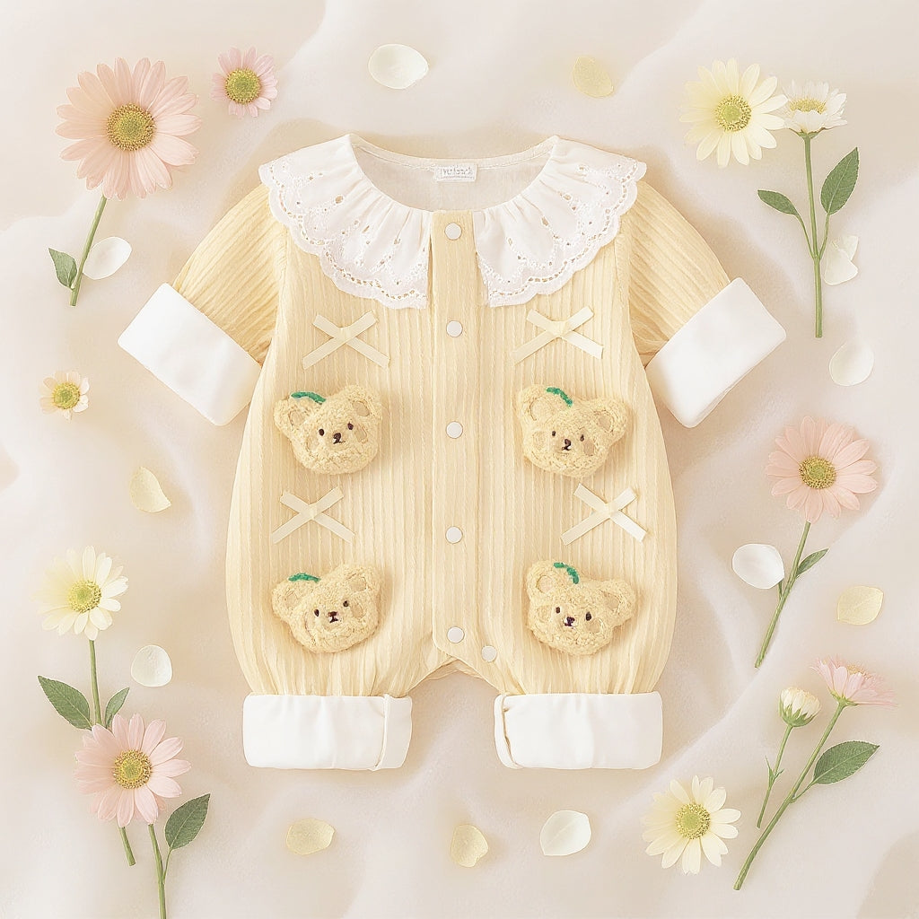 Summer Journey Baby Romper – Pink, Light Yellow & Beige Cute Teddy Cotton Outfit (C