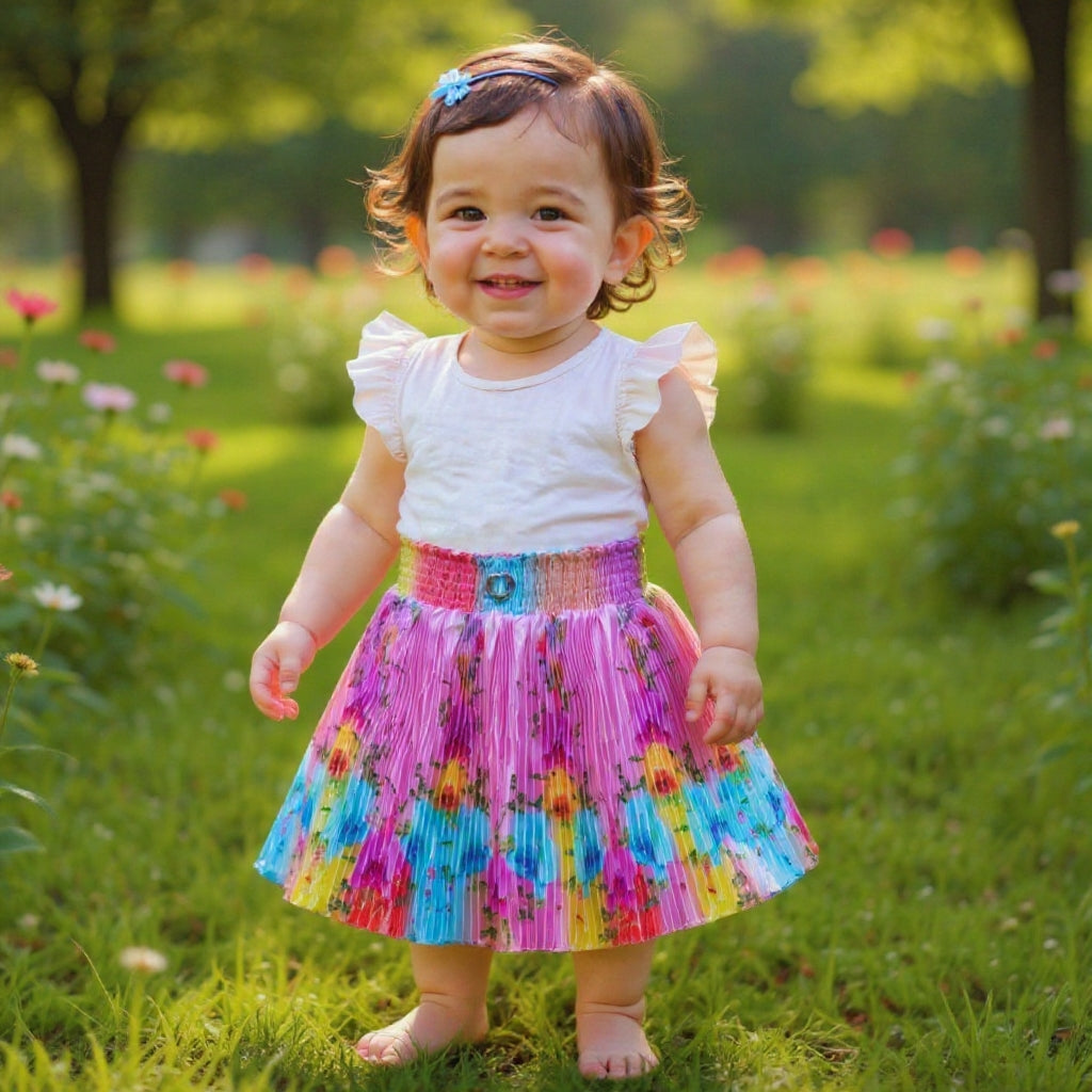 Baby Girls Single Piece Floral Pleated Satin Skirt with Elastic Waist & Inner Lining (Astar) – 100% Quality Guaranteed