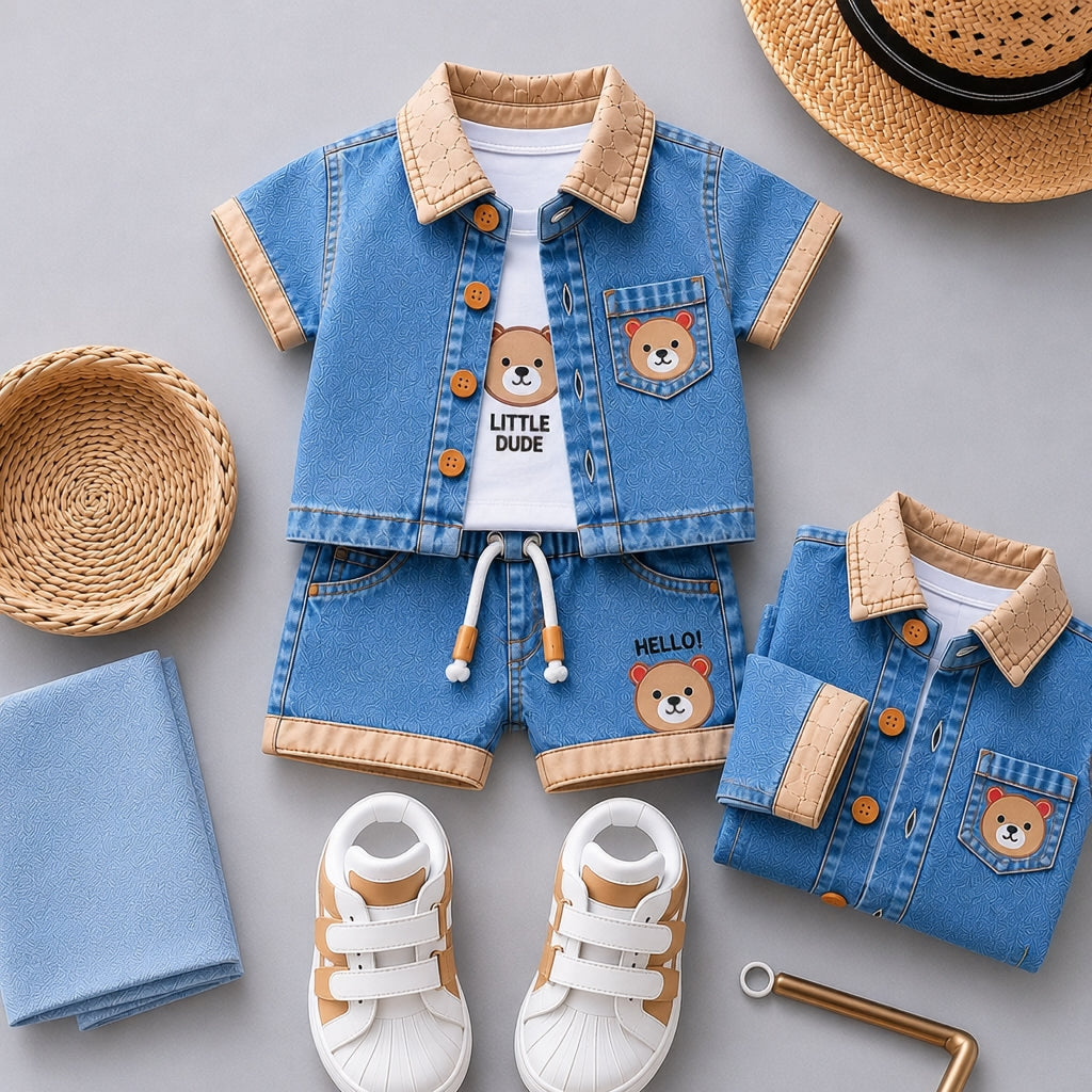 Baby Boys Denim Bear Printed Shirt & Shorts Set 💙🐻