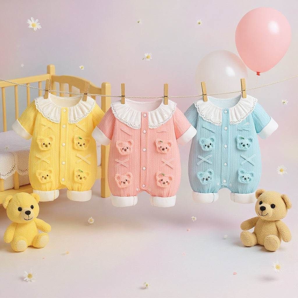 Summer Journey Baby Romper – Pink, Light Yellow & Beige Cute Teddy Cotton Outfit (C