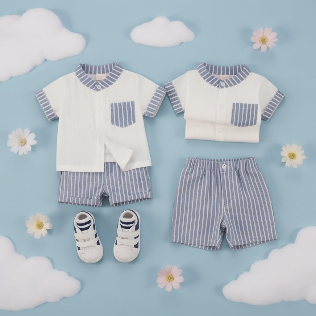 Baby Boys White & Sky Blue Striped Summer Co-Ord Set