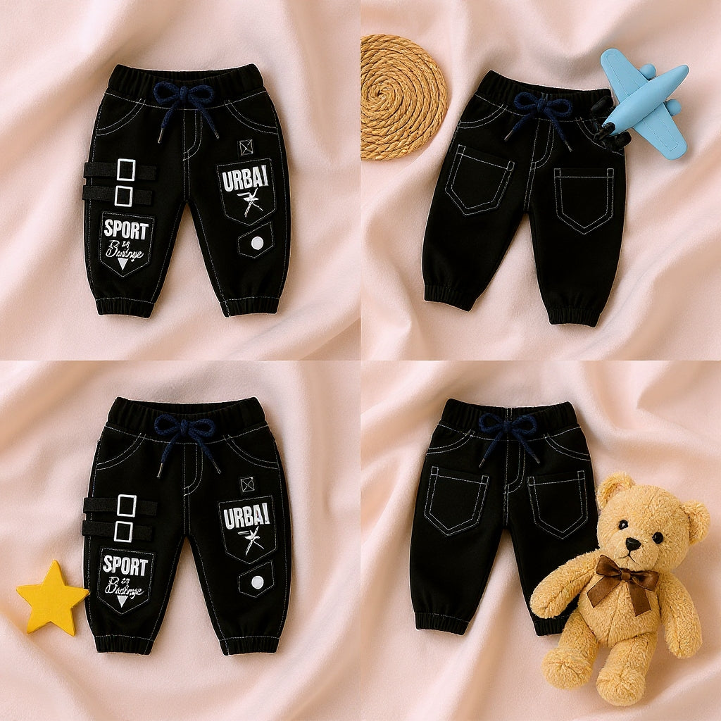 Baby Boys Stylish Black Cargo Jogger Pants | Soft & Comfortable Cotton Bottom Wear