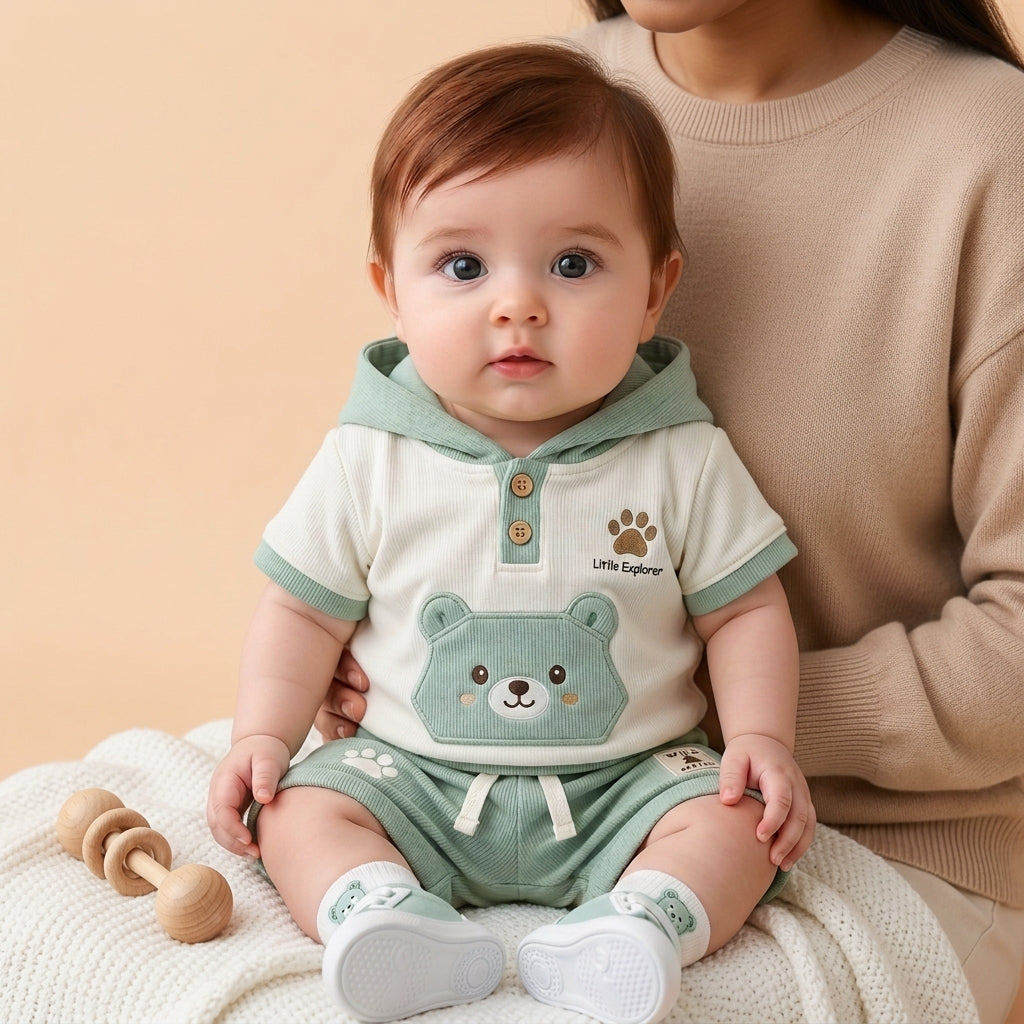 🐻 Baby Bear Hoodie Co-ord Set – Cute 3D Ear Hoodie T-Shirt & Shorts | Little Explorer Print | Available in Sage Green & Beige Brown