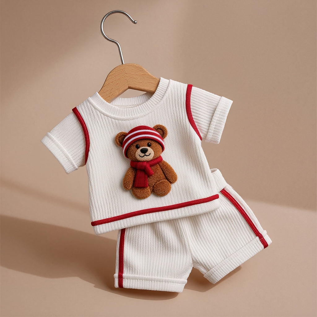 Cute Teddy Bear White & Red Ribbed Co-ord Set for Babies 🧸