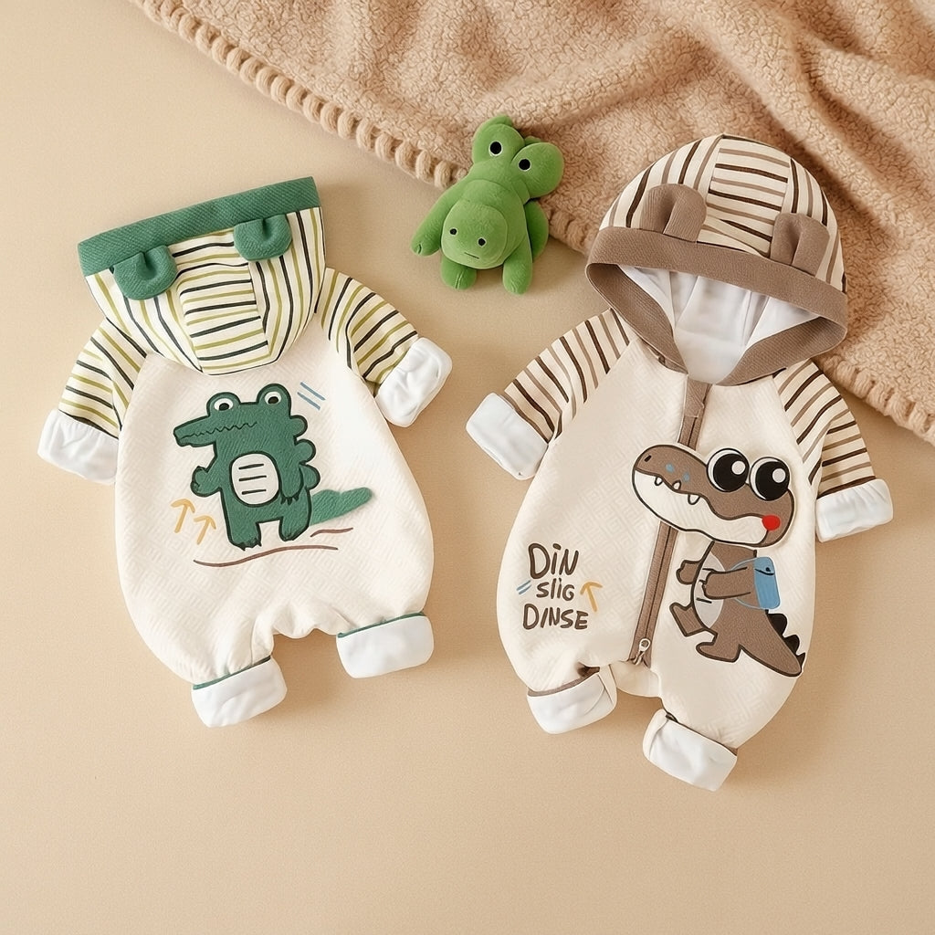 Baby Dino Crocodile Print Hooded Romper – Lightweight Summer Cotton Jumpsuit for Boys & Girls | Available in Green & Grey